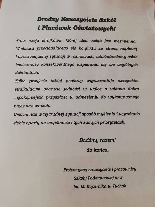 SP3 Tuchola strajkujący nauczyciele list otwarty