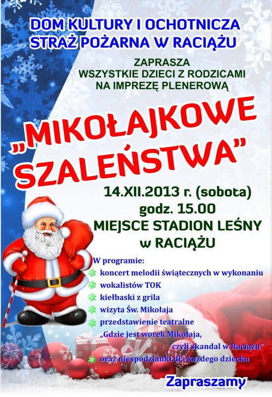 Zapraszamy dzieci na „Mikołajkowe Szaleństwa” w Raciążu